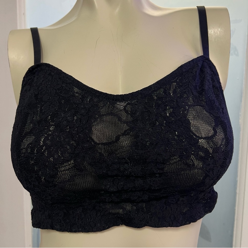 American Apparel Stretch Lace Bustier Bralette Size L Black Flower Design NWT